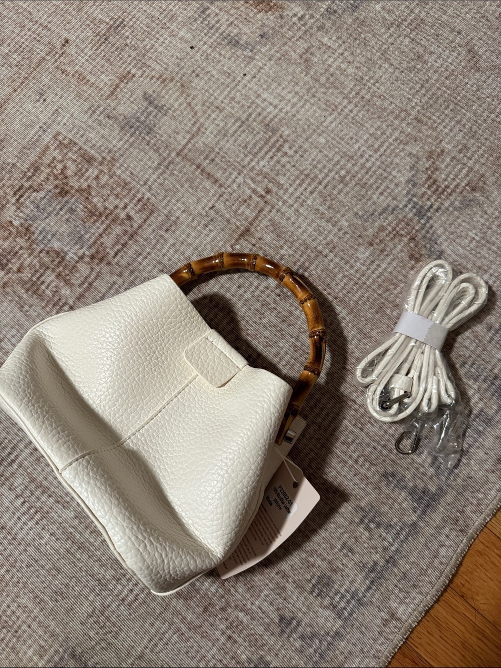 White Pebbled Leather Top-Handle Bag with Bamboo Handles